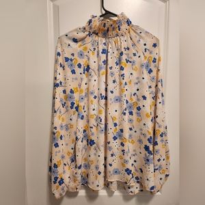 LOFT Floral Smocked Neck Blouse - Cream, Blue, and Yellow